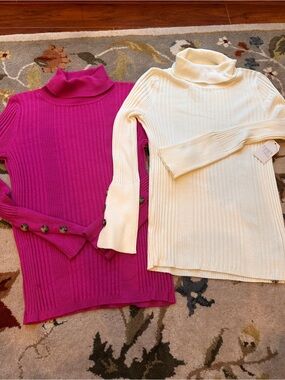 Time and Tru Ribbed Turtleneck Sweaters - Fuchsia & Cream